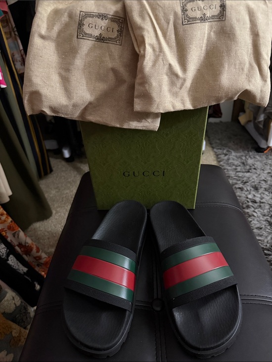 Gucci Black Slides with Green and Red Stripes main image 5